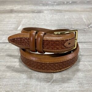 Allen Edmonds Mens Leather Belt 40 Woven Inlay Brass Buckle Brown Made USA